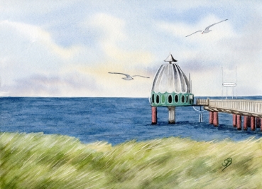 Poster DIN-A3 Aquarell Maritim Kunst Druck Kunstdruck Ostsee Zingst - Tauchglocke im Sonnenuntergang - Z2